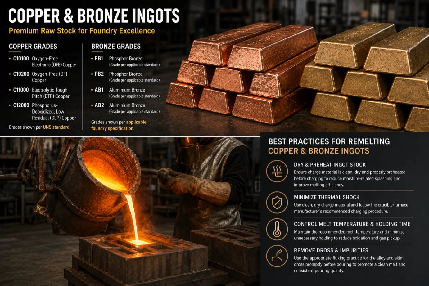 Best practices for remelting copper and bronze ingots in foundries